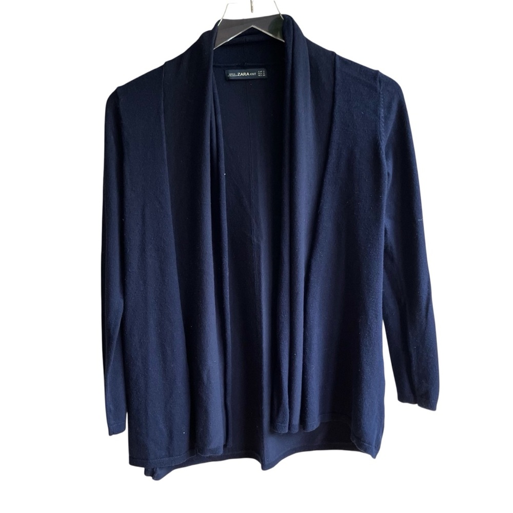 Zara Cardigan Sweater Size S Navy Blue Open Front Flat Knit Cozy Classic Jumper